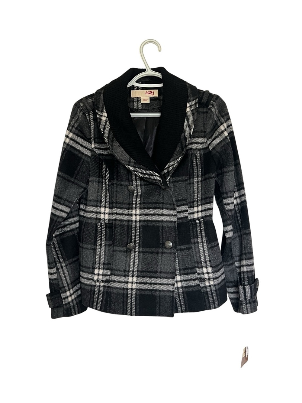 Black & Gray Plaid Double-Breasted Shawl Collar Peacoat